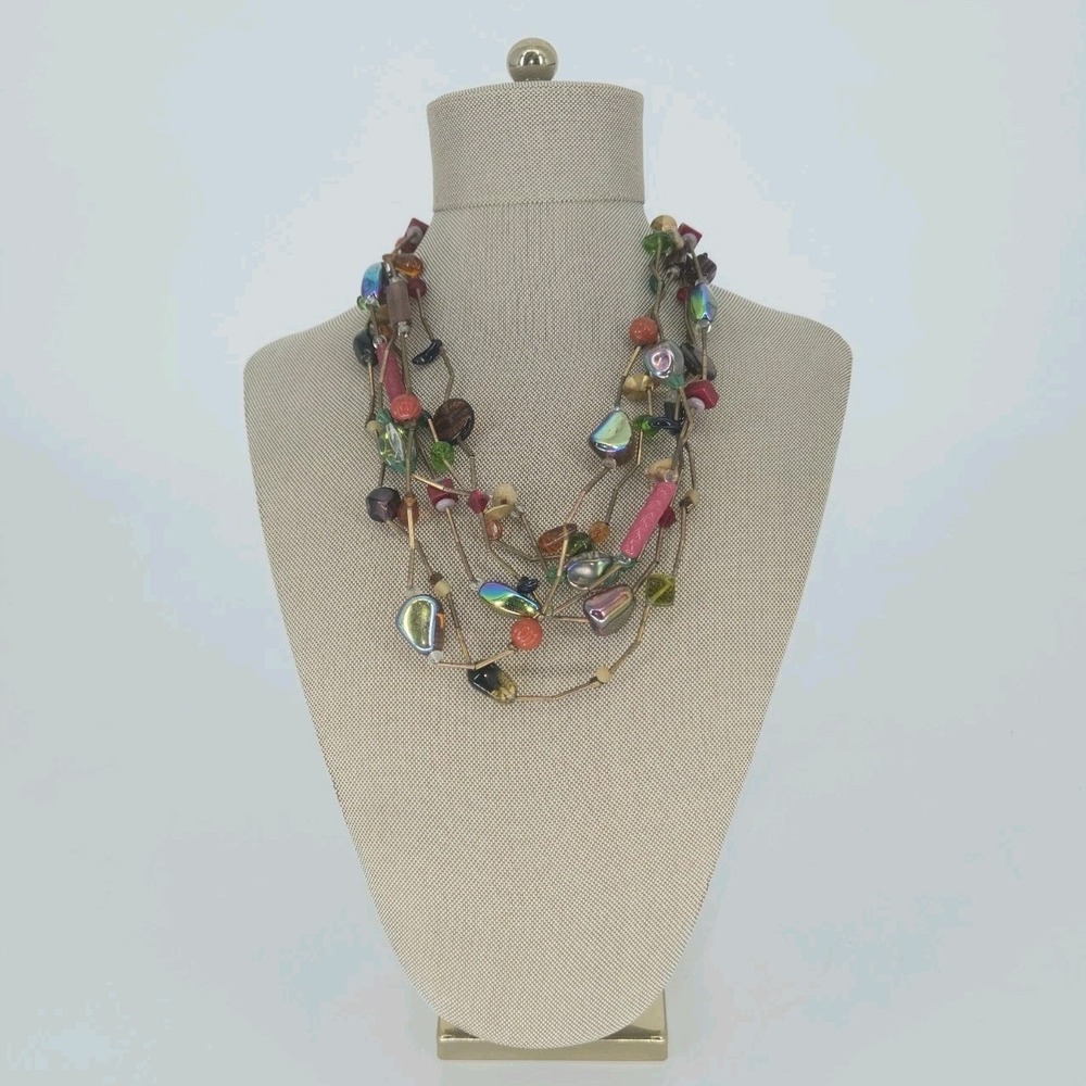 Vintage Multi Strand Beaded Necklace Iridescent Glass Boho Statement Aurora Hema